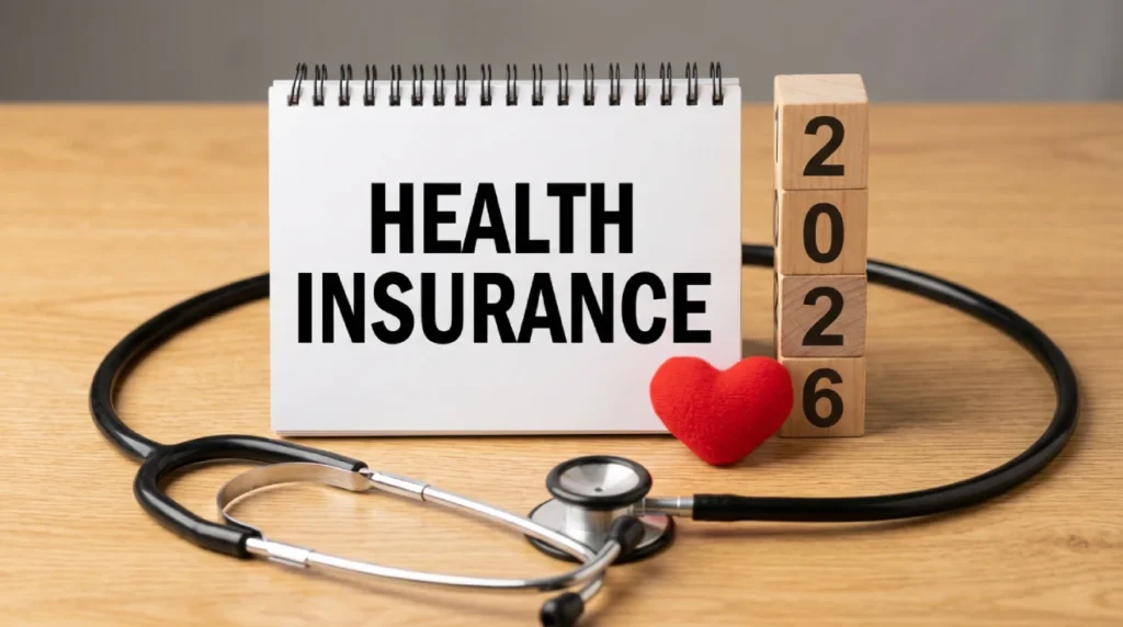 Health Insurance Coverage In 2026 concept showing a notebook, stethoscope, and heart on a wooden desk for future medical planning and care