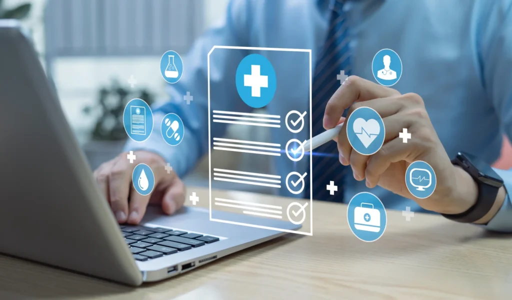 A person reviewing a Health Insurance Network plan on a laptop with digital icons representing medical coverage options.