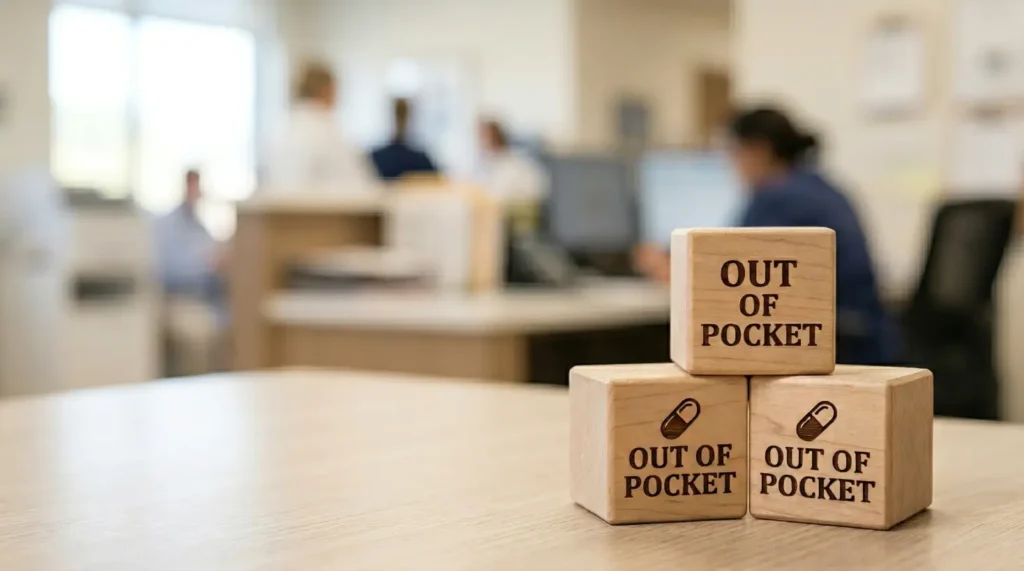 Wooden blocks spelling out "Out of Pocket" placed on a desk in a health insurance office setting.