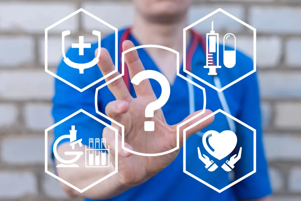 Doctor pointing to health coverage icons with a question mark showing why health insurance feels so confusing