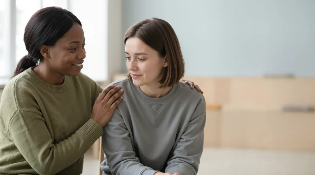 Woman offering support during a mental health services conversation